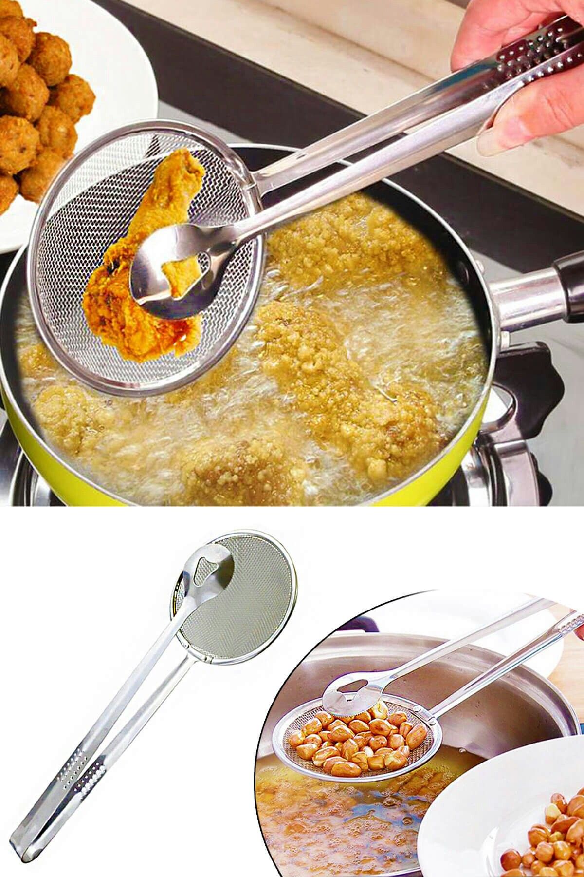 Imported Small Multi-functional 2 in 1 Fry Tool Filter Spoon Strainer With Clip,Oil Frying BBQ Filter Stainless Steel Mesh Strainer Kitchen Tool Frying Mesh Colander Quick Strain Stainless Steel Tong Colander