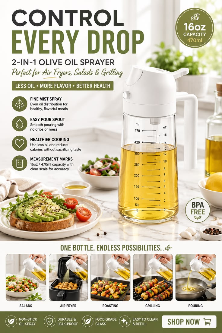 2-in-1 Oil Spray & Pour Jug – Dual Function Glass Oil Dispenser
