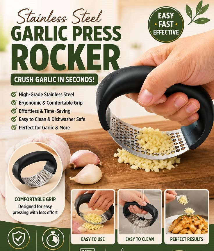 Manual Garlic Press Rocker with Handle Stainless Steel Garlic Crusher Squeezer Slicer Mincer Metal Ginger Garlic Chopper Kitchen Gadget Tool Garlic Cutter Creative Hand Press Garlic Tools Kitchen Gadgets Tool For Garlic Paste